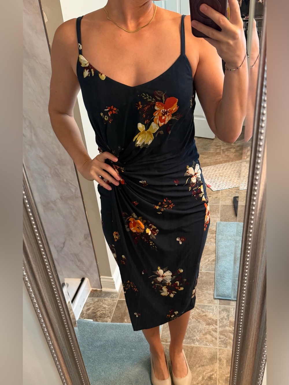nine britton Navy Midi Dress with Orange & Cream Floral Accents